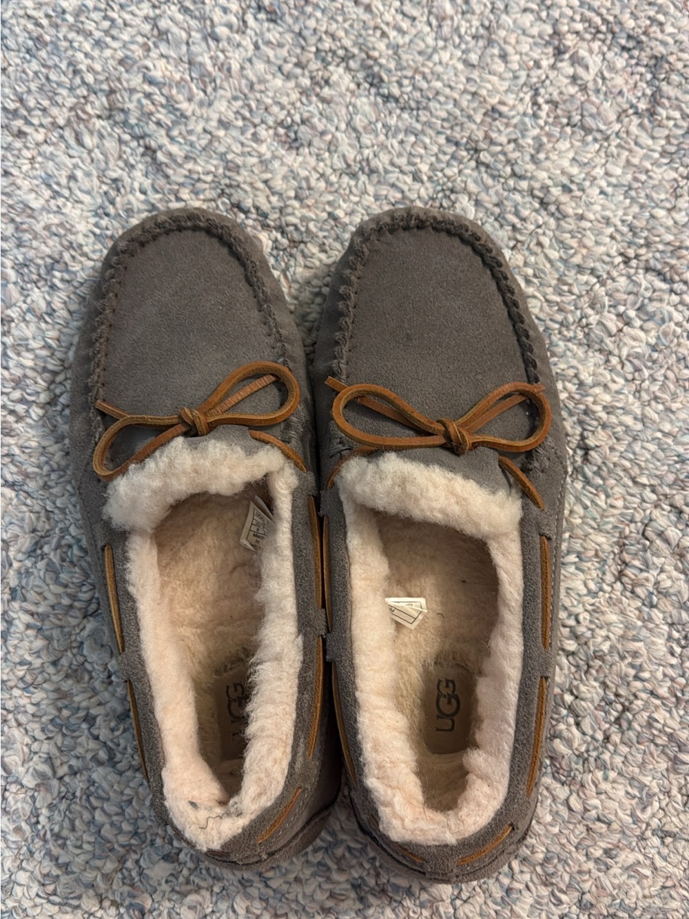 UGG Gray Suede Shearling-Lined Moccasin Slippers with Chestnut Bow